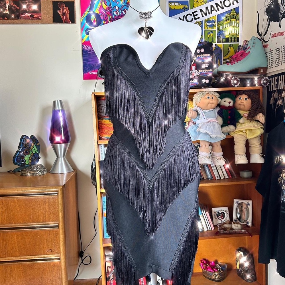 Strapless Black Fringe Bodycon Dress